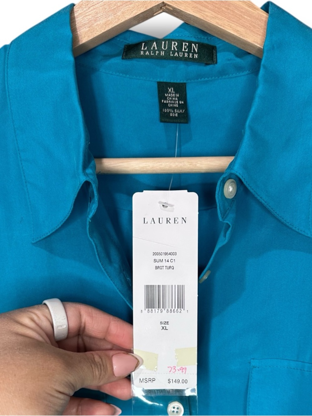 NWT Lauren Ralph Lauren Bright Turquoise 100% Silk Button DownTop. Size XL